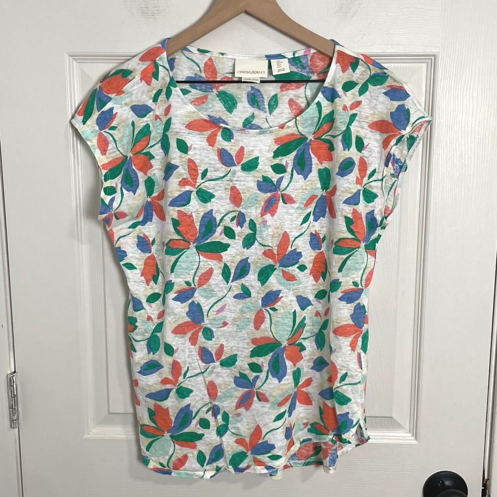 Cynthia‎ Rowley 100% Linen Top Womens Large Floral Coastal Summer Lightweight